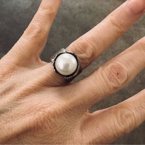 Artisan Cultured Mabe Pearl Ring, Leaf Bezel Setting, Cigar Band, Hammered 6.75